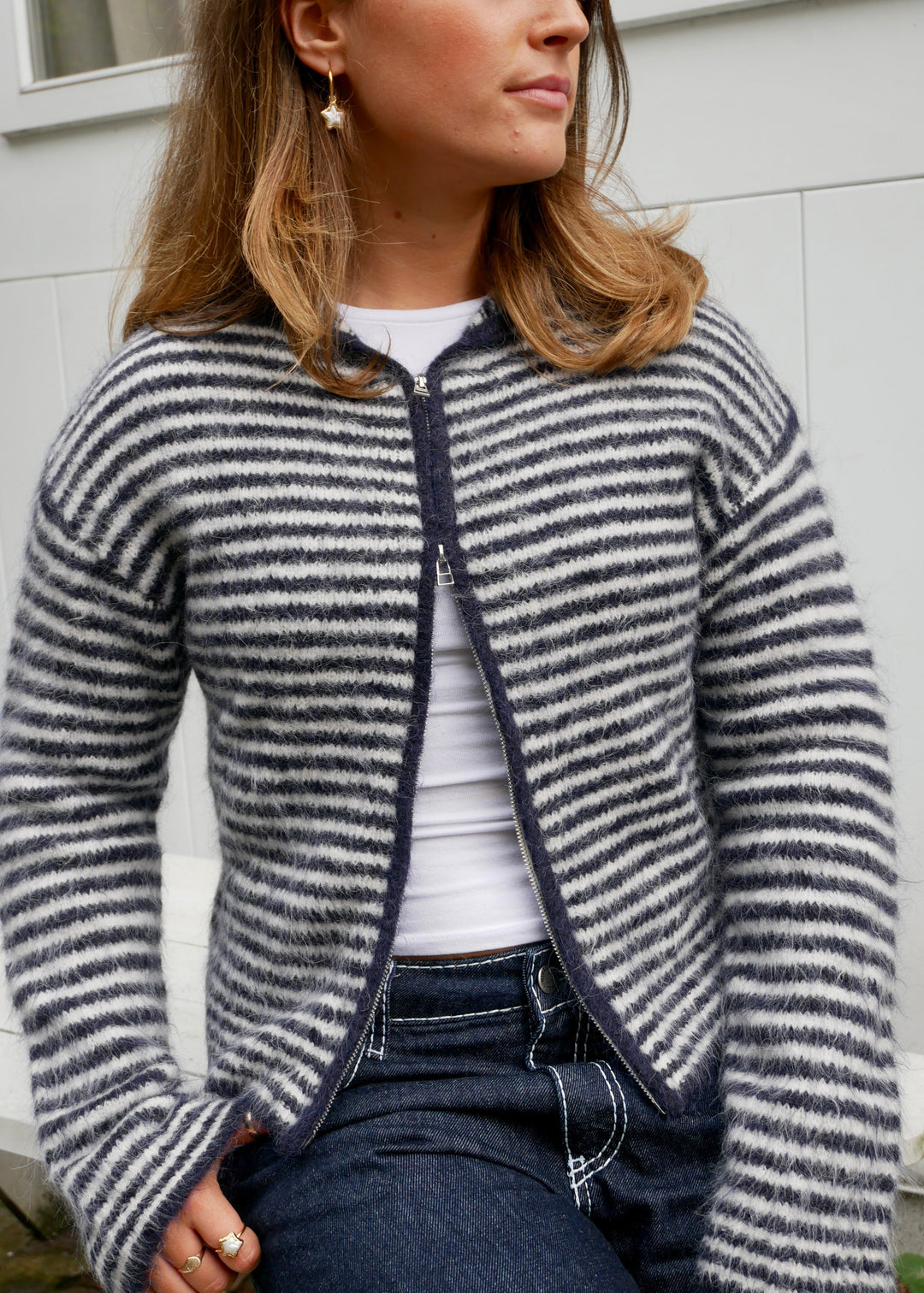 Hoodie met Dubbele Rits - Marineblauw & Crèmestrepen