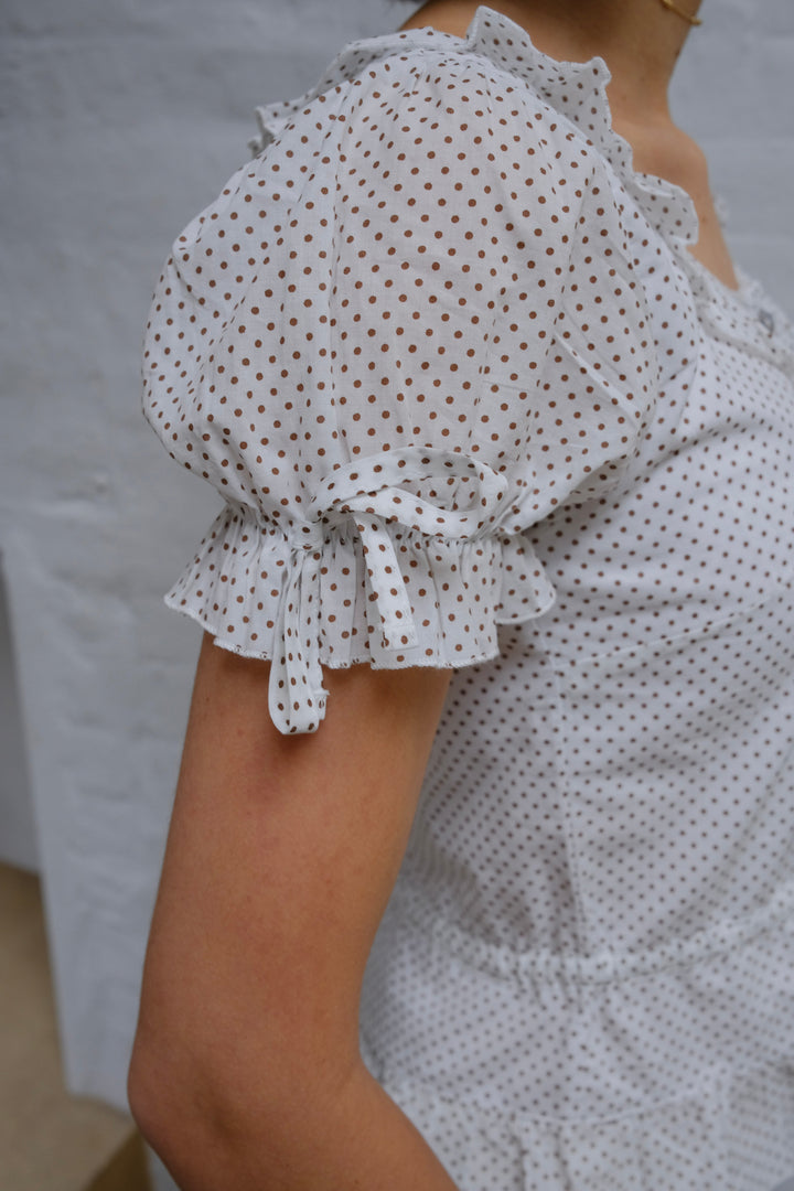 Ines Blouse - White & Brown Polka Dot