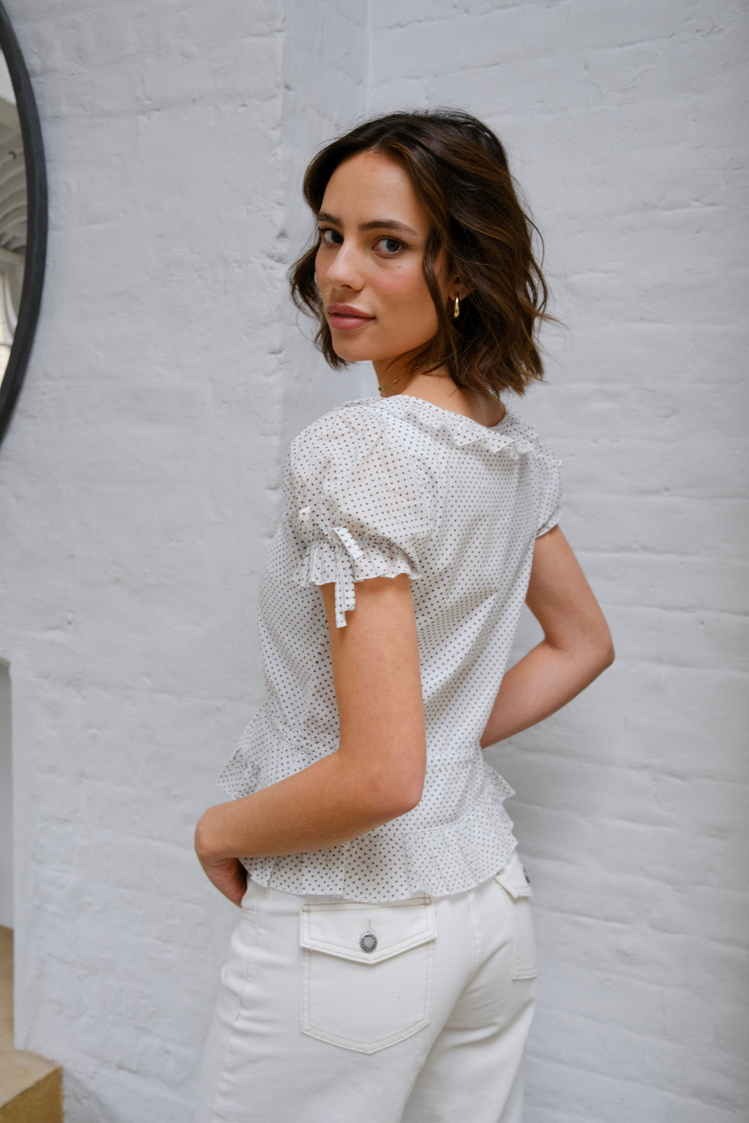 Ines Blouse - White & Brown Polka Dot
