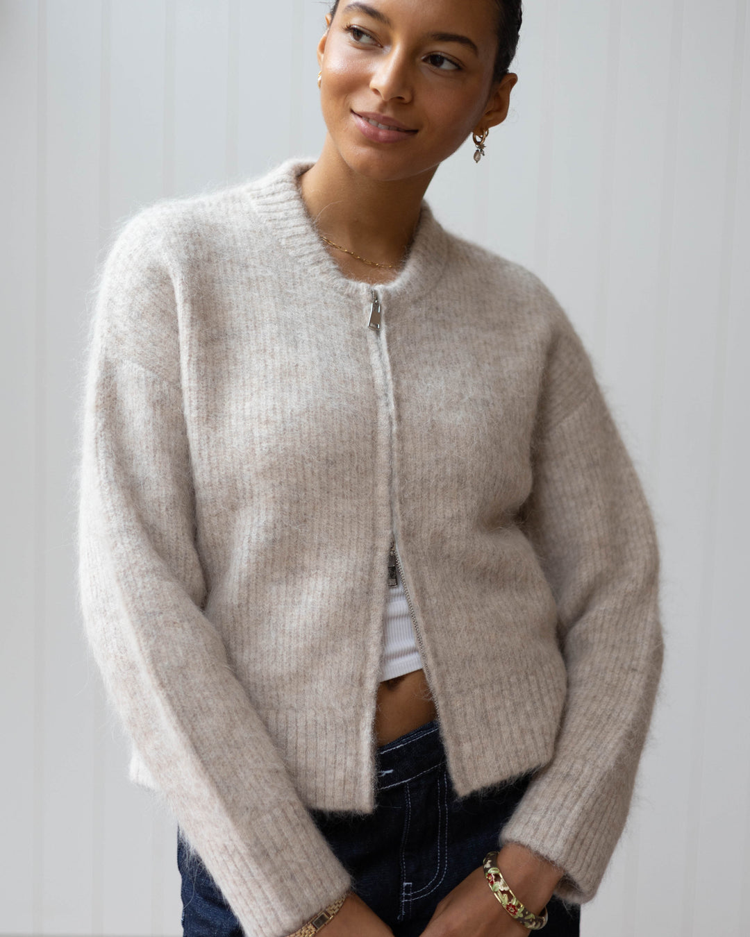 Dubbele Ritssluiting Bomber - Beige