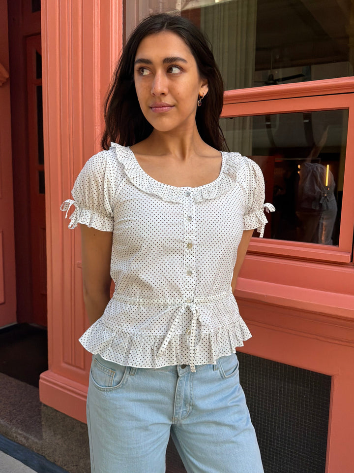 Ines Blouse - White & Brown Polka Dot