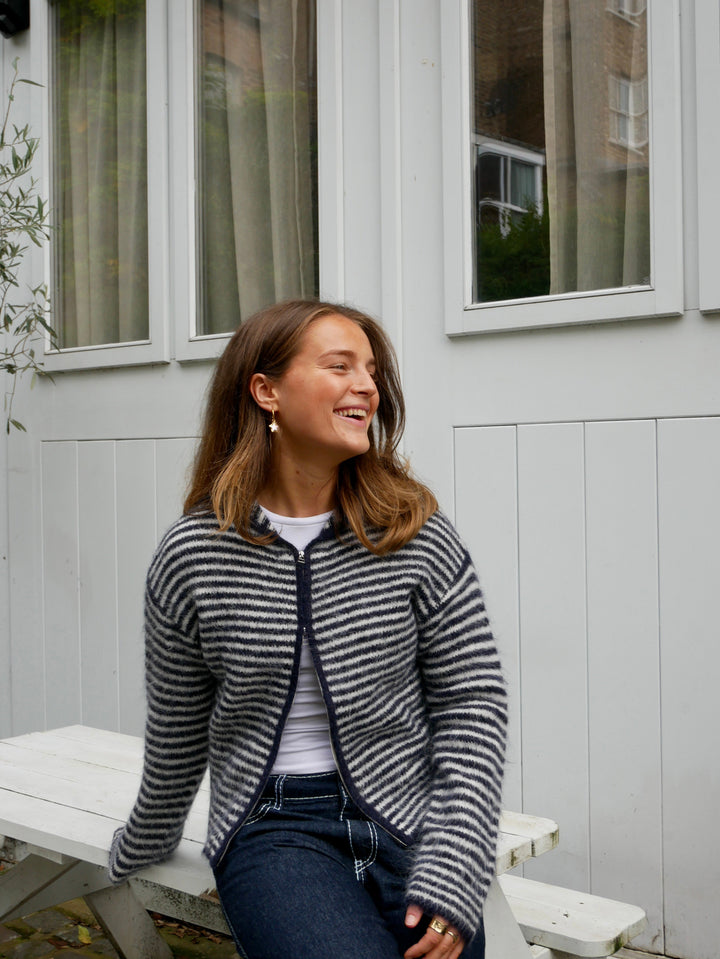 Hoodie met Dubbele Rits - Marineblauw & Crèmestrepen
