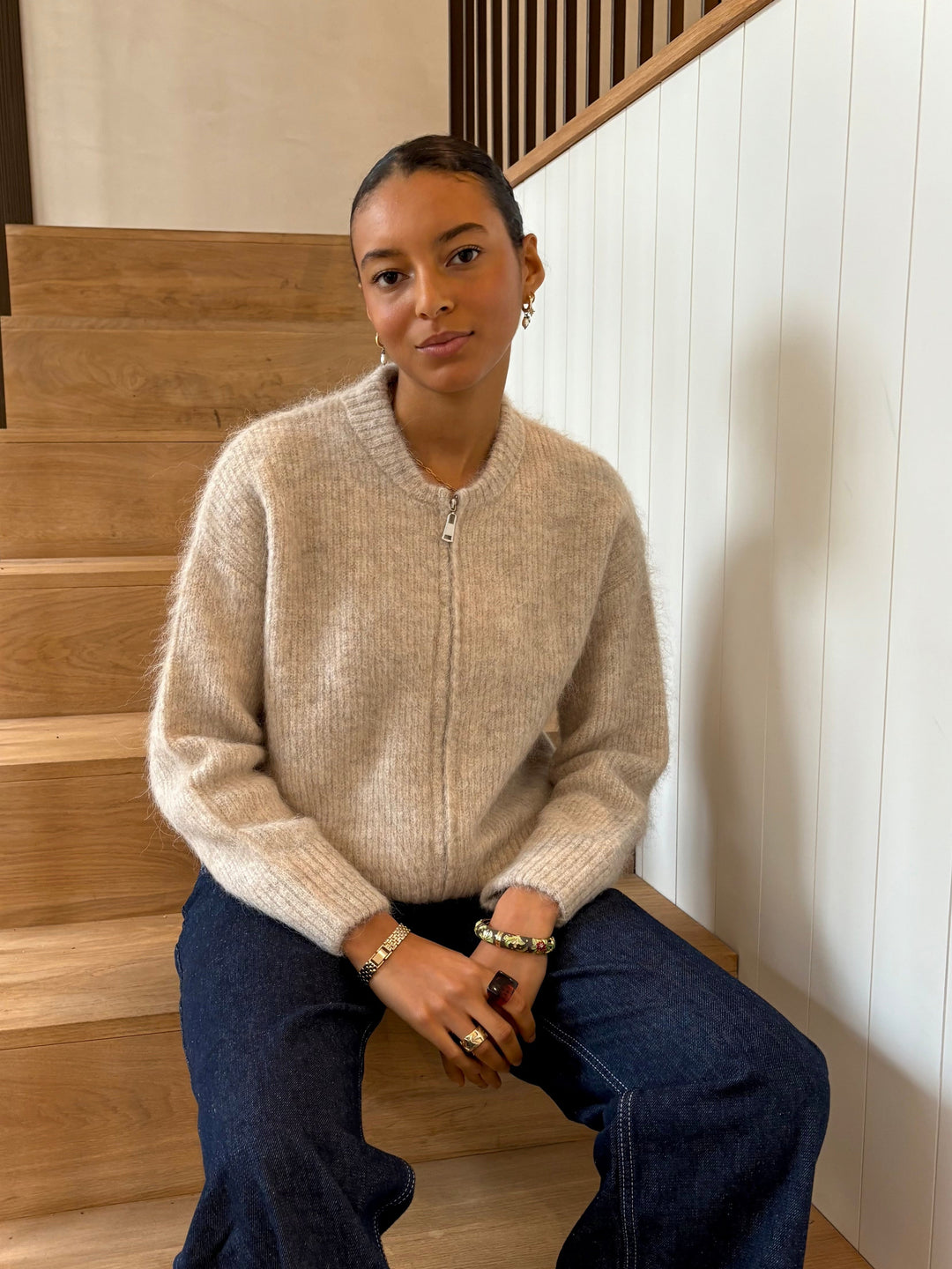 Dubbele Ritssluiting Bomber - Beige