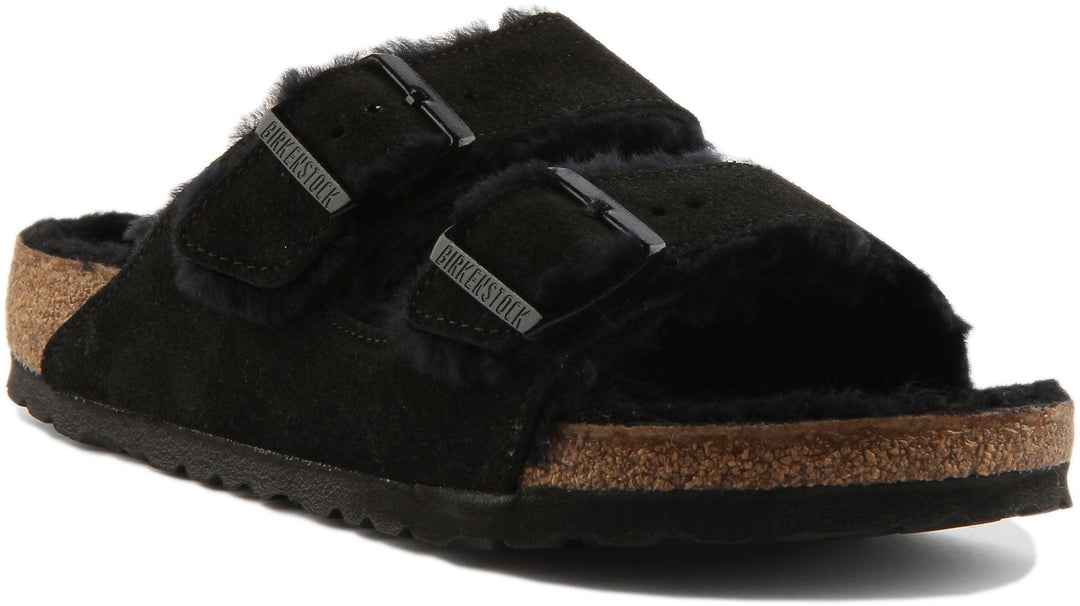 Birkenstock Arizona-sandaler | Svart mocka med fårskinnsfoder för kvinnor