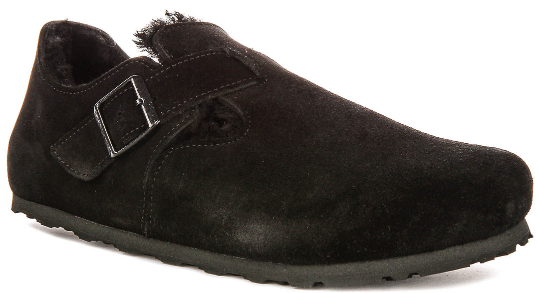 Birkenstock London-tofflor | Svart mocka med fårskinnsfoder för kvinnor – normal läst