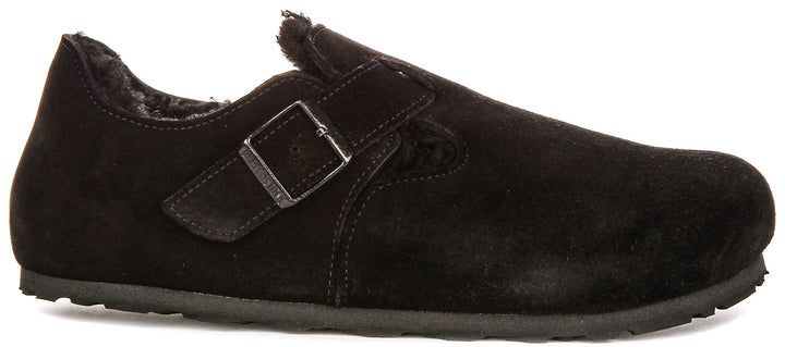 Birkenstock London-tofflor | Svart mocka med fårskinnsfoder för kvinnor – normal läst