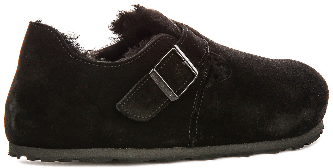 Birkenstock London-tofflor | Svart mocka med fårskinnsfoder för kvinnor – normal läst