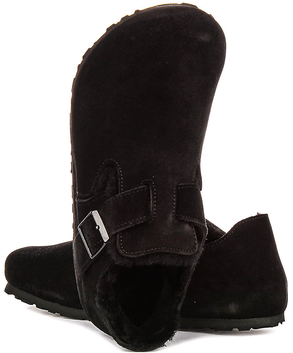 Birkenstock London-tofflor | Svart mocka med fårskinnsfoder för kvinnor – normal läst