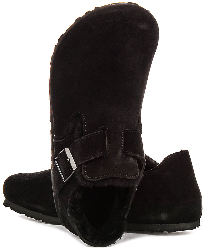 Birkenstock London-tofflor | Svart mocka med fårskinnsfoder för kvinnor – normal läst
