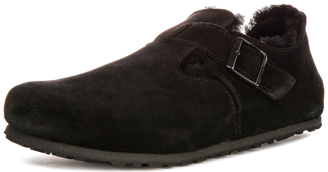 Birkenstock London-tofflor | Svart mocka med fårskinnsfoder för kvinnor – normal läst