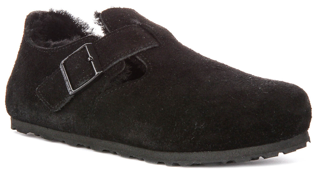 Birkenstock London-tofflor | Svart mocka med fårskinnsfoder för män och kvinnor – smal läst