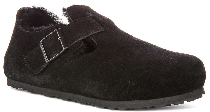 Birkenstock London-tofflor | Svart mocka med fårskinnsfoder för män och kvinnor – smal läst