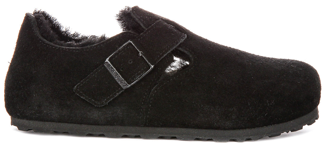 Birkenstock London-tofflor | Svart mocka med fårskinnsfoder för män och kvinnor – smal läst