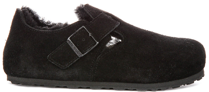 Birkenstock London-tofflor | Svart mocka med fårskinnsfoder för män och kvinnor – smal läst