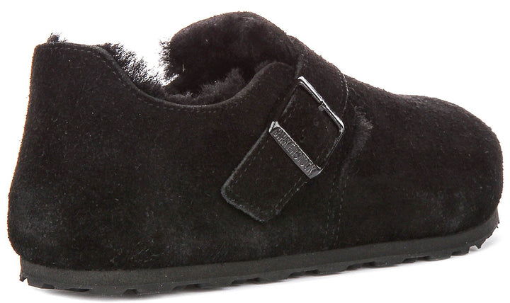 Birkenstock London-tofflor | Svart mocka med fårskinnsfoder för män och kvinnor – smal läst