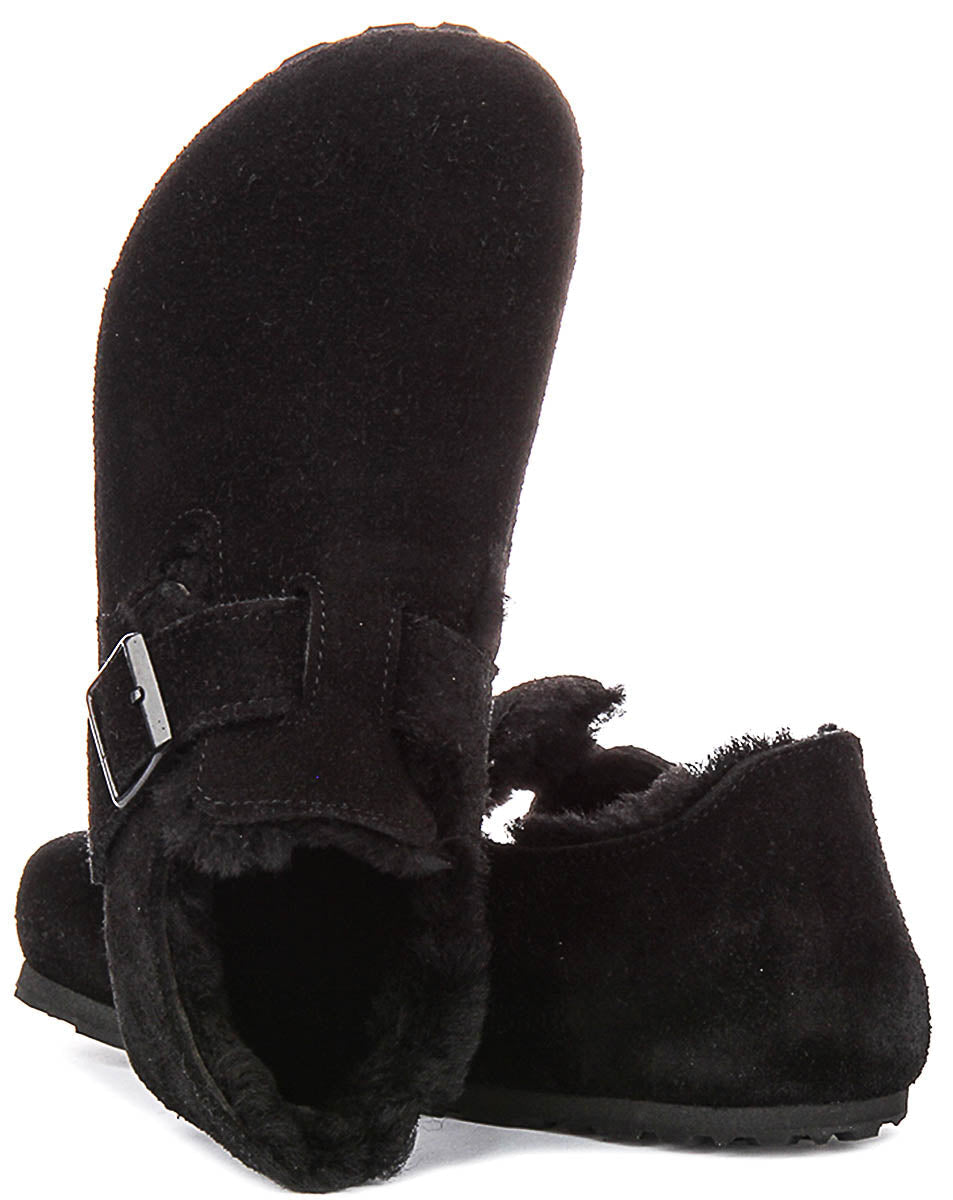 Birkenstock London-tofflor | Svart mocka med fårskinnsfoder för män och kvinnor – smal läst