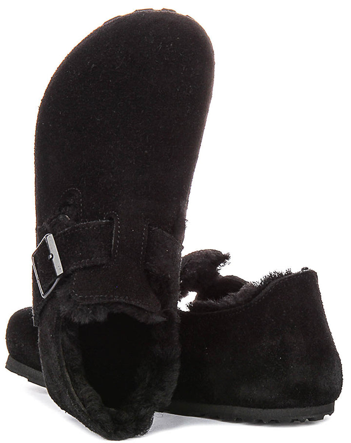 Birkenstock London-tofflor | Svart mocka med fårskinnsfoder för män och kvinnor – smal läst