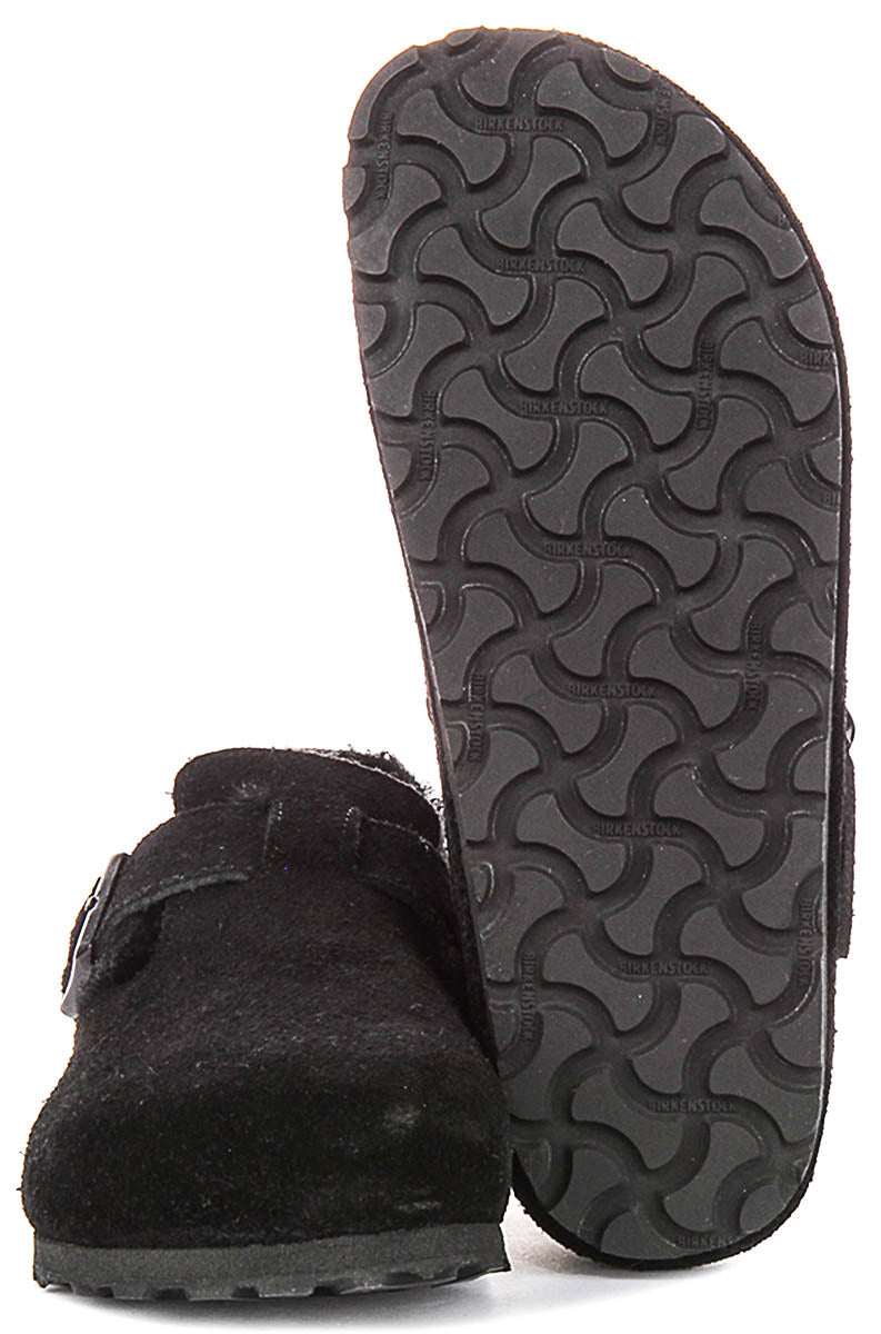 Birkenstock London-tofflor | Svart mocka med fårskinnsfoder för män och kvinnor – smal läst