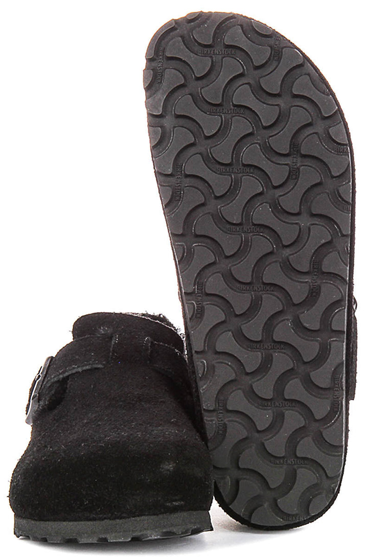 Birkenstock London-tofflor | Svart mocka med fårskinnsfoder för män och kvinnor – smal läst