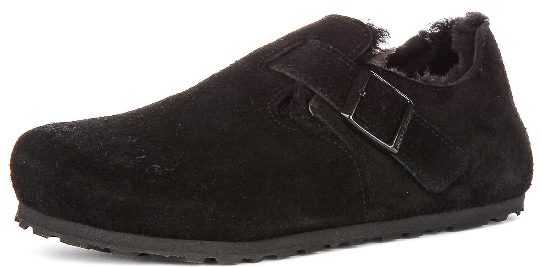 Birkenstock London-tofflor | Svart mocka med fårskinnsfoder för män och kvinnor – smal läst