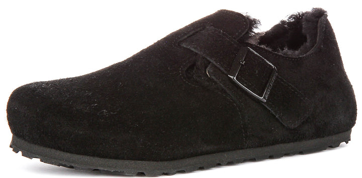 Birkenstock London-tofflor | Svart mocka med fårskinnsfoder för män och kvinnor – smal läst