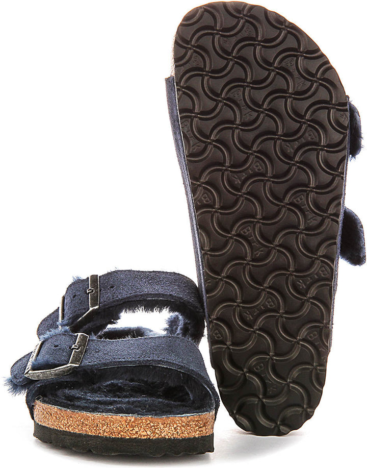 Birkenstock Arizona-sandaler | Marinblå mocka med fårskinnsfoder för kvinnor – normal läst