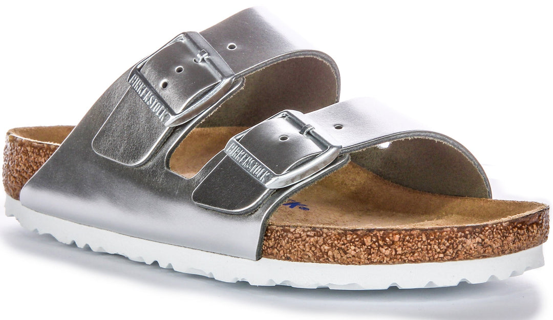 Sandales Birkenstock Arizona | Cuir véritable argenté pour femmes