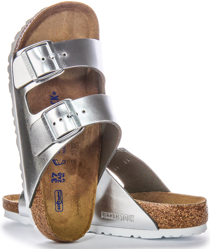 Sandales Birkenstock Arizona | Cuir véritable argenté pour femmes