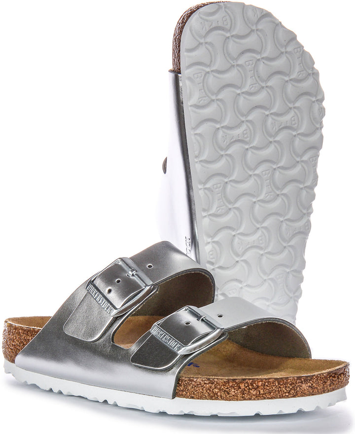 Sandales Birkenstock Arizona | Cuir véritable argenté pour femmes