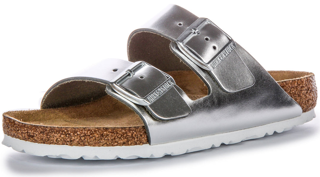 Sandales Birkenstock Arizona | Cuir véritable argenté pour femmes
