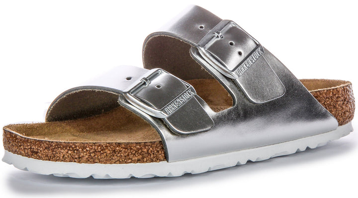 Sandales Birkenstock Arizona | Cuir véritable argenté pour femmes