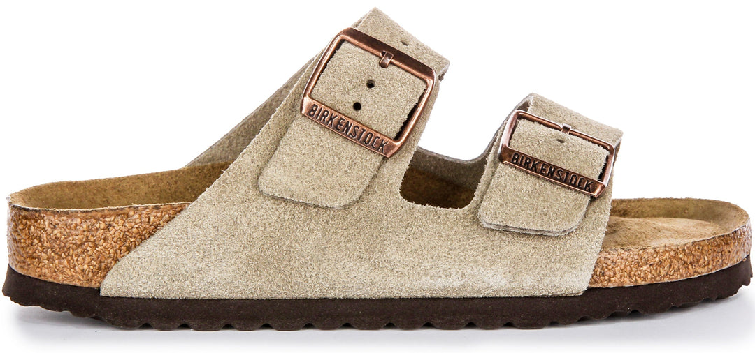 Sandales Birkenstock Arizona | cuir suédé taupe - semelle intérieure souple pour femmes - largeur étroite