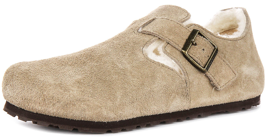 Birkenstock London Clogs | Taupe shearling-lined suede for Men and Women - Narrow Fit
